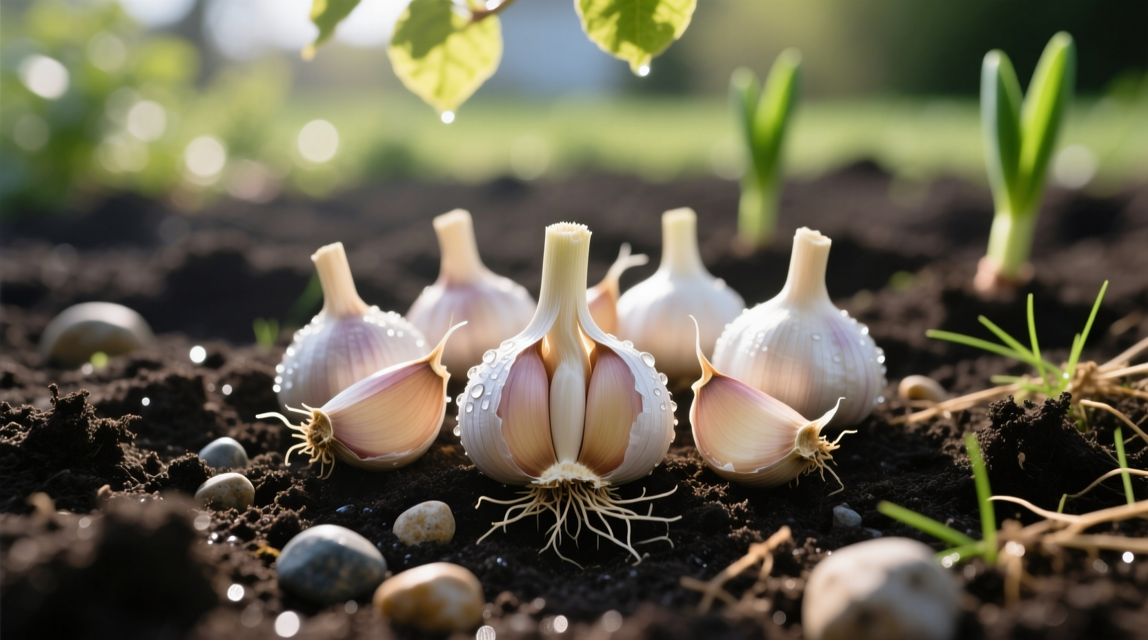 Fresh garlic cloves prepared for planting in garden soil