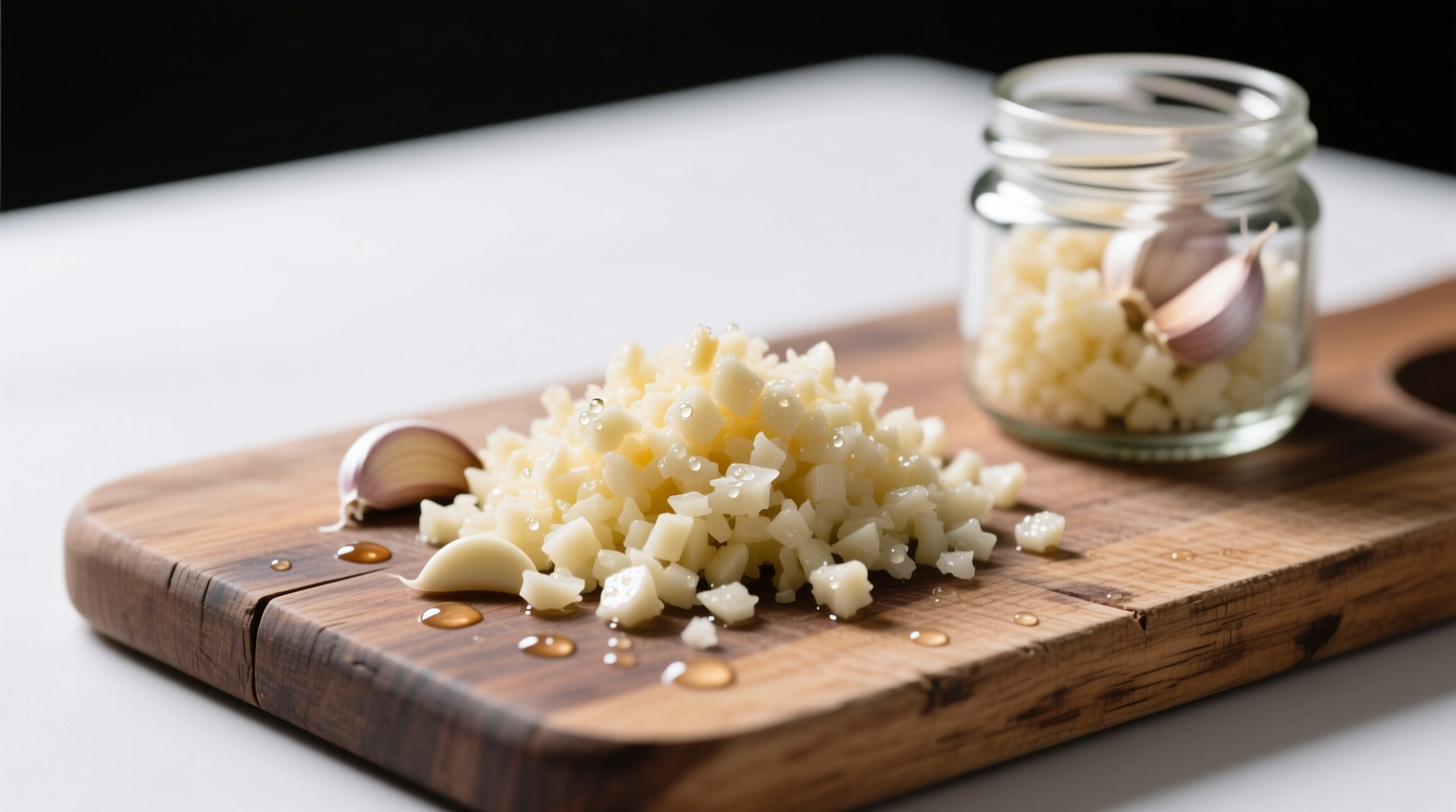 Side-by-side comparison of minced garlic in glass jar versus freshly minced cloves on wooden cutting board