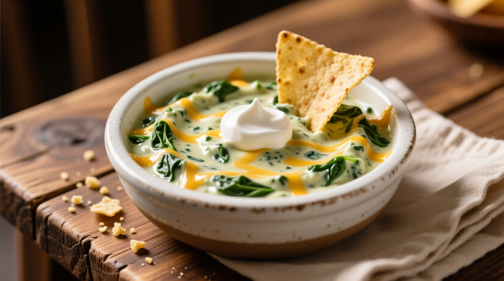 Creamy spinach and cheese dip in white bowl