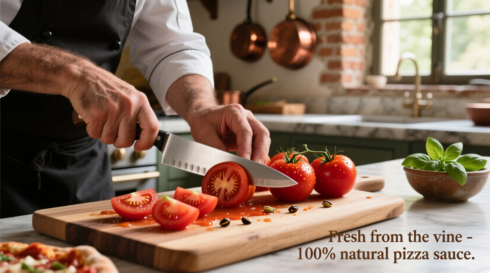 Chef preparing fresh plum tomatoes for pizza sauce
