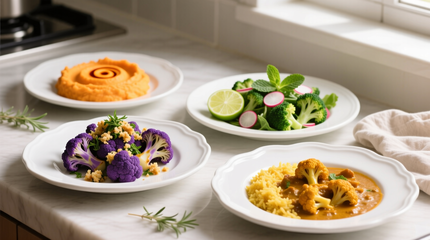 Colorful cauliflower recipes on white ceramic plates