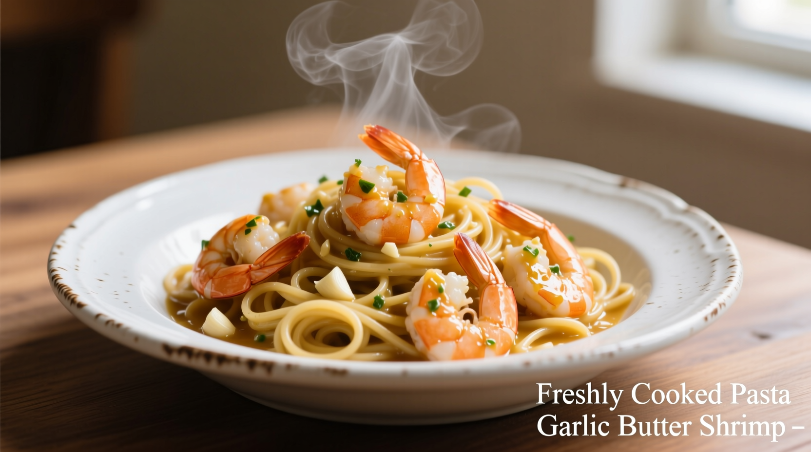 Freshly cooked pasta garlic butter shrimp in white bowl