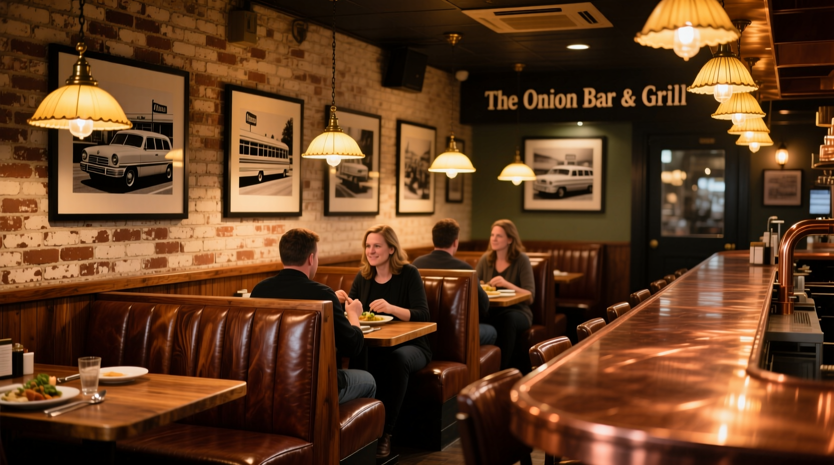 The Onion Bar & Grill dining area with wooden booths and ambient lighting