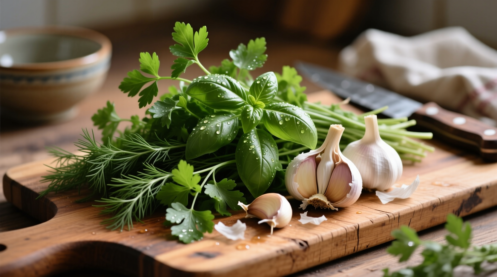 Fresh herbs and garlic on wooden cutting board