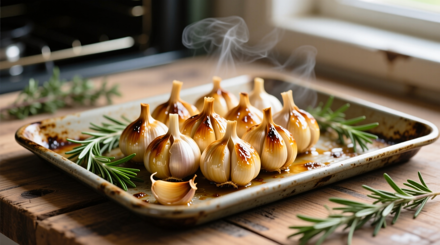 Golden roasted garlic cloves on baking sheet with herbs