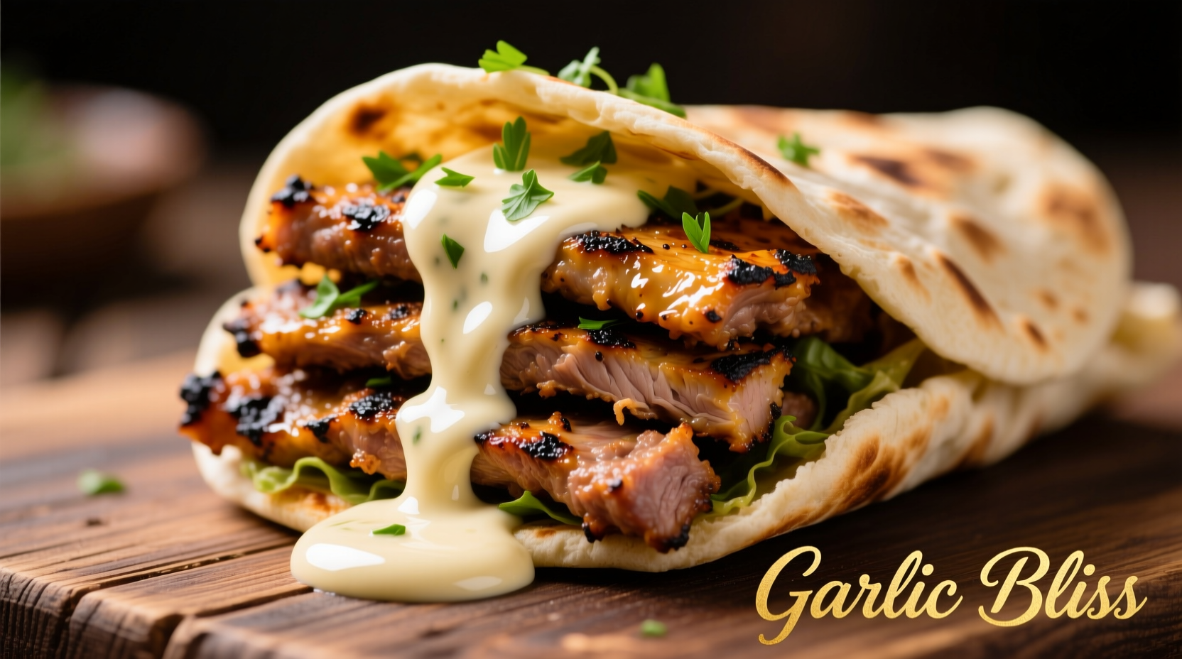 Creamy garlic sauce drizzled over shawarma