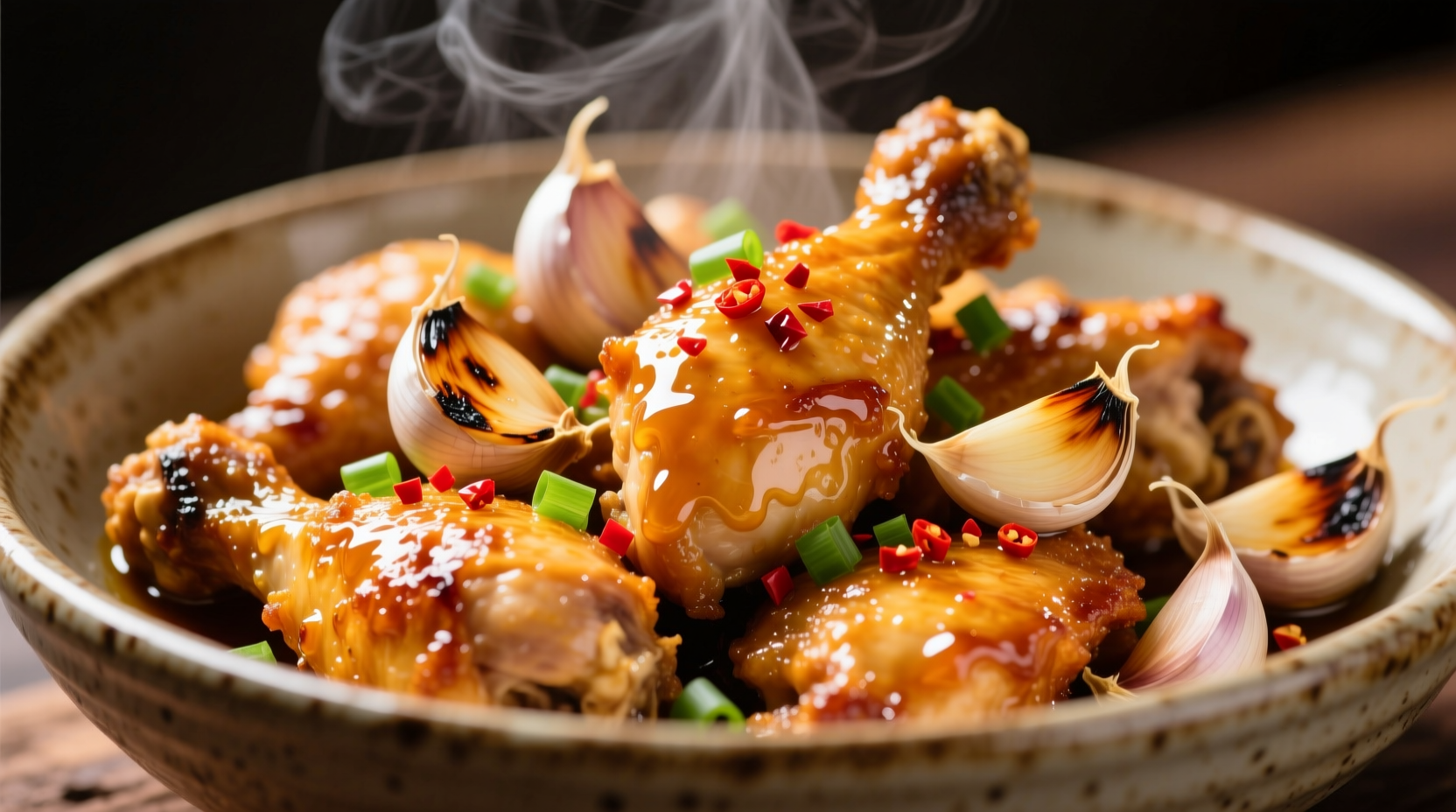 Crispy honey garlic chicken with garlic cloves