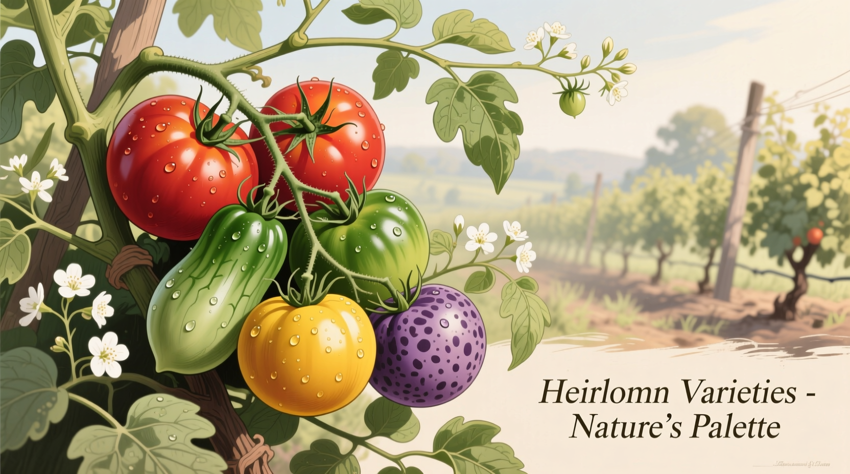 Colorful heirloom tomatoes showing diverse shapes and colors on vine