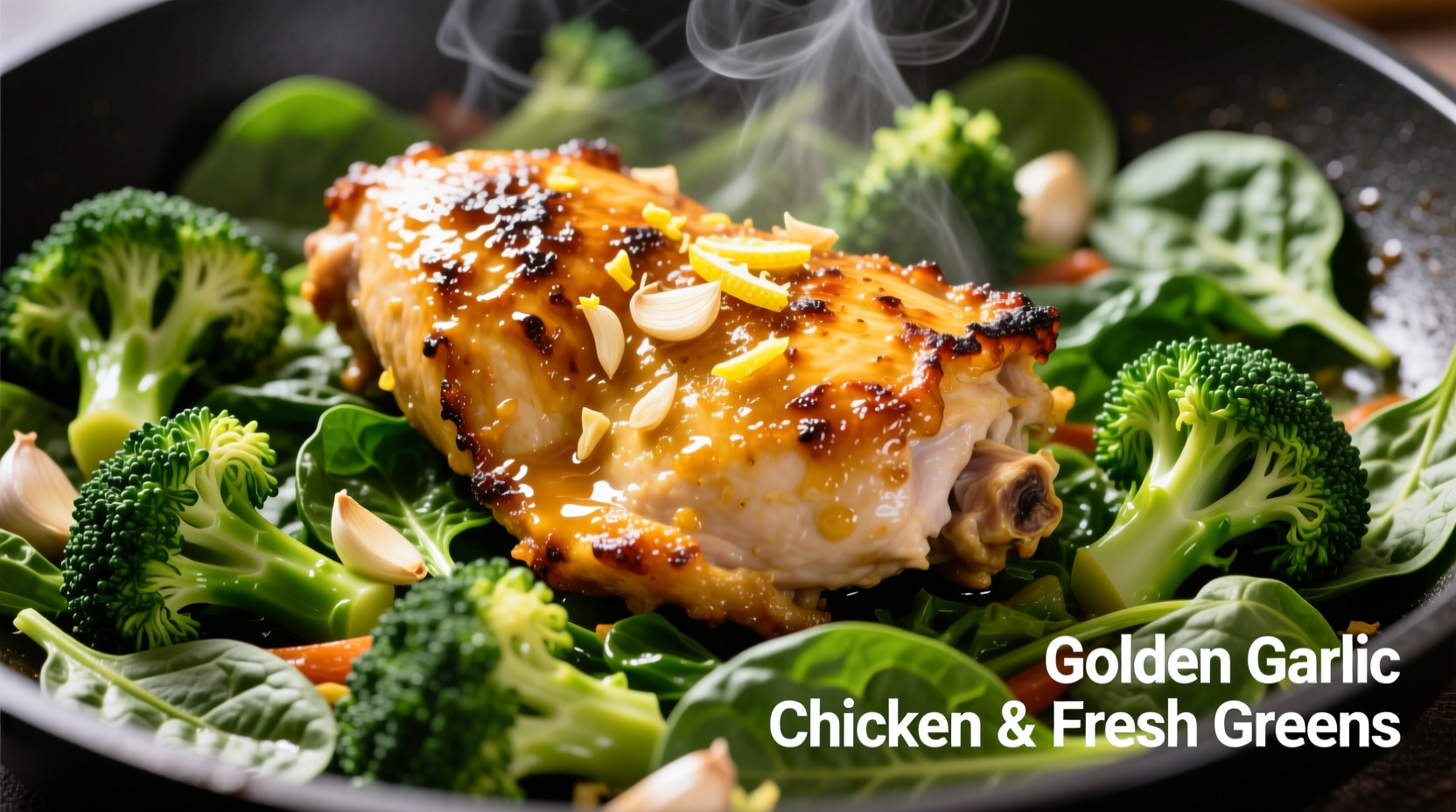 Golden garlic chicken with vibrant broccoli and spinach