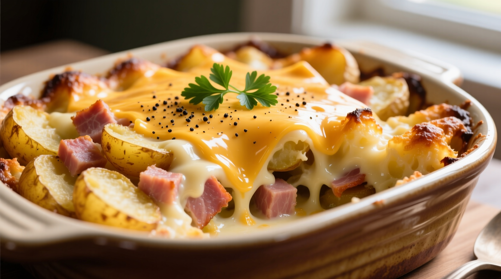 Golden ham hash brown potato casserole in baking dish