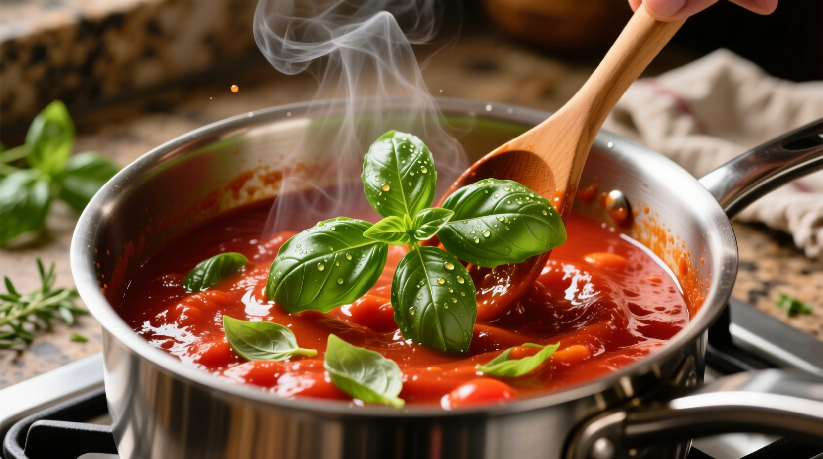 Fresh basil leaves stirred into simmering tomato sauce