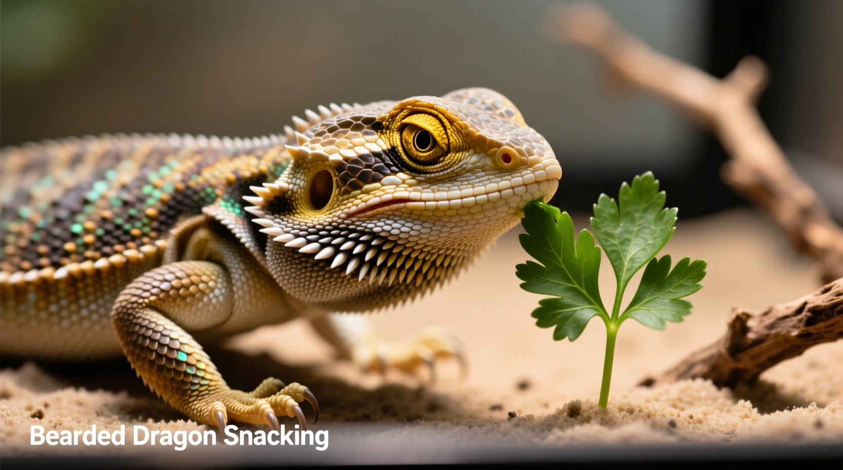 Bearded dragon cautiously nibbling parsley leaf
