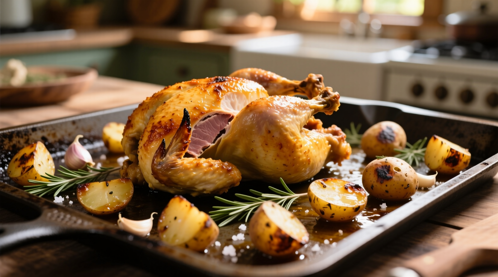 Golden roasted chicken and potatoes on sheet pan