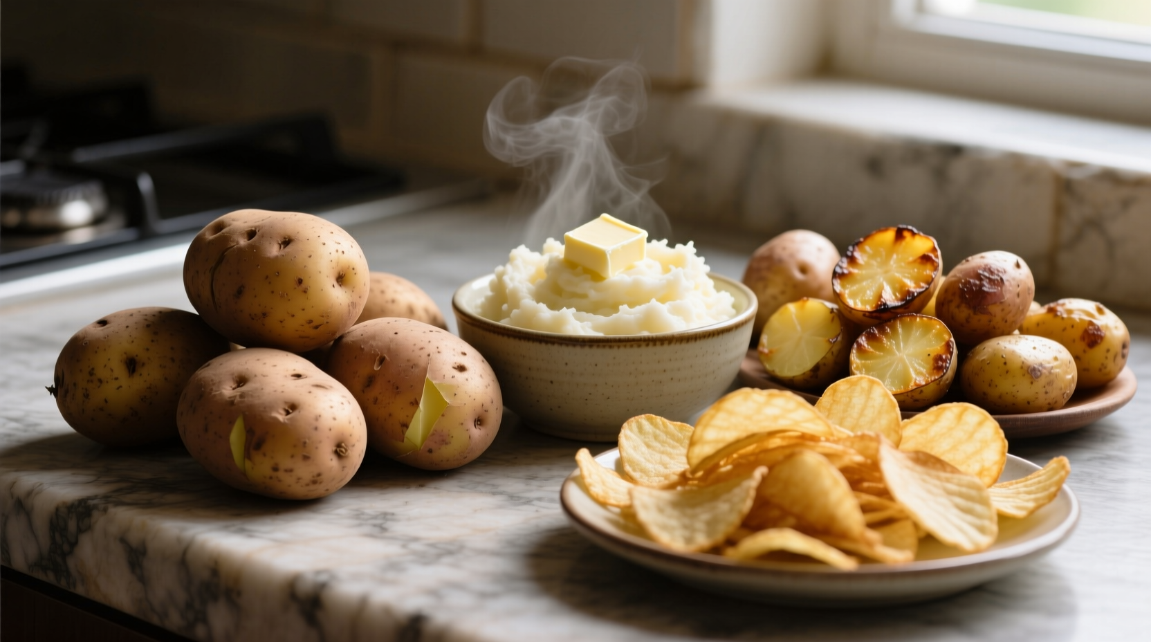 Raw potatoes next to cooked potato varieties