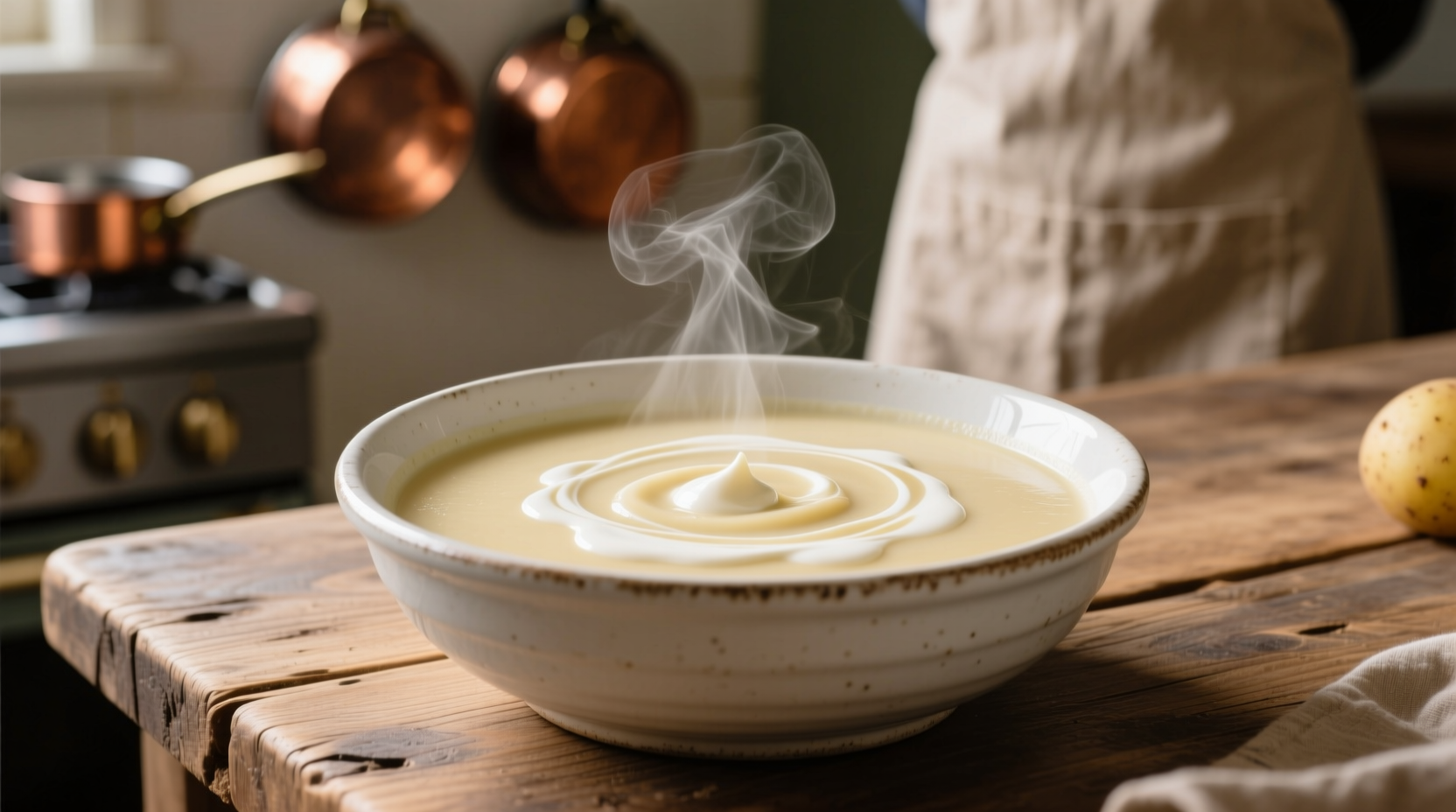 Creamy potato soup with heavy cream in white bowl