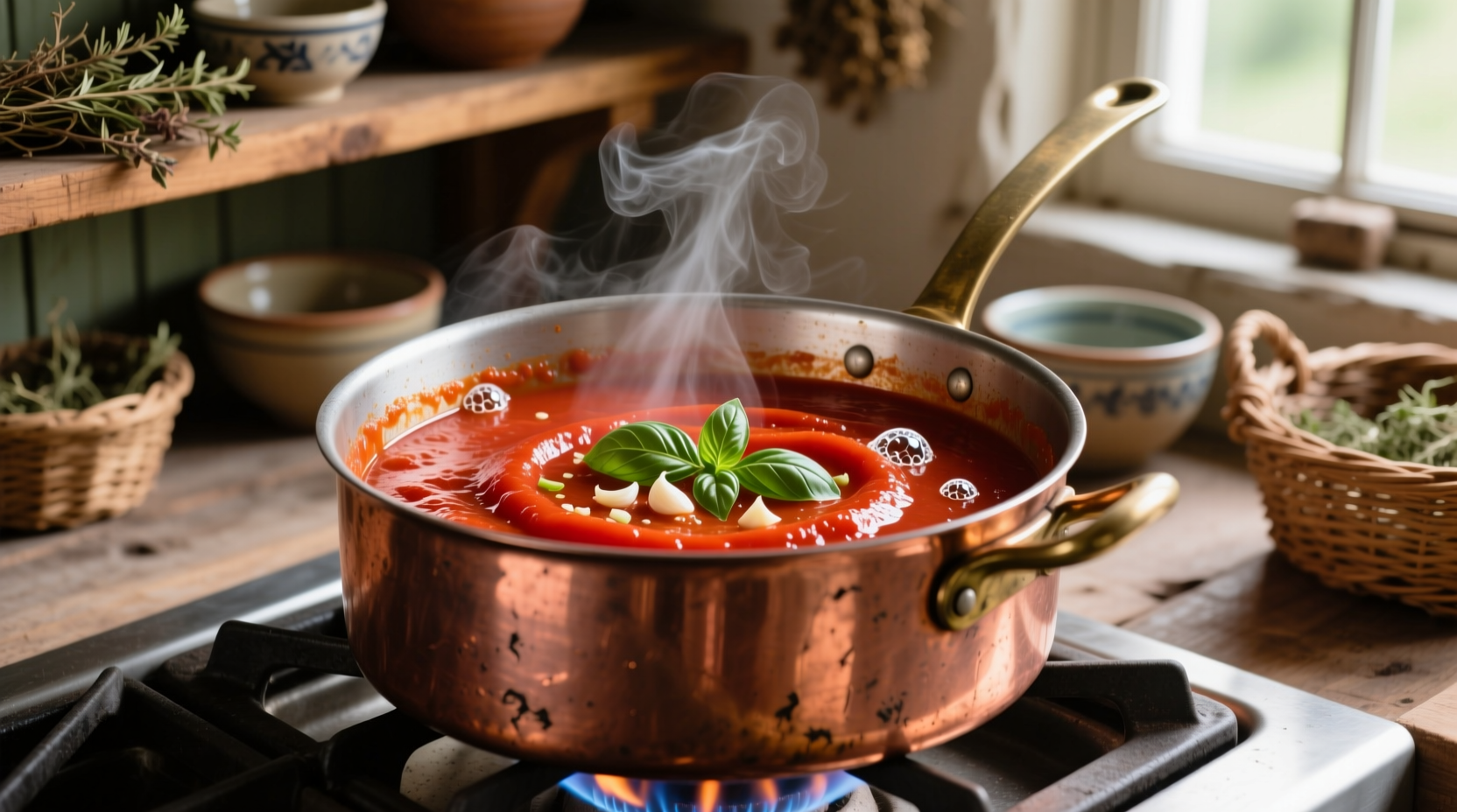 Fresh tomato sauce simmering in copper pot