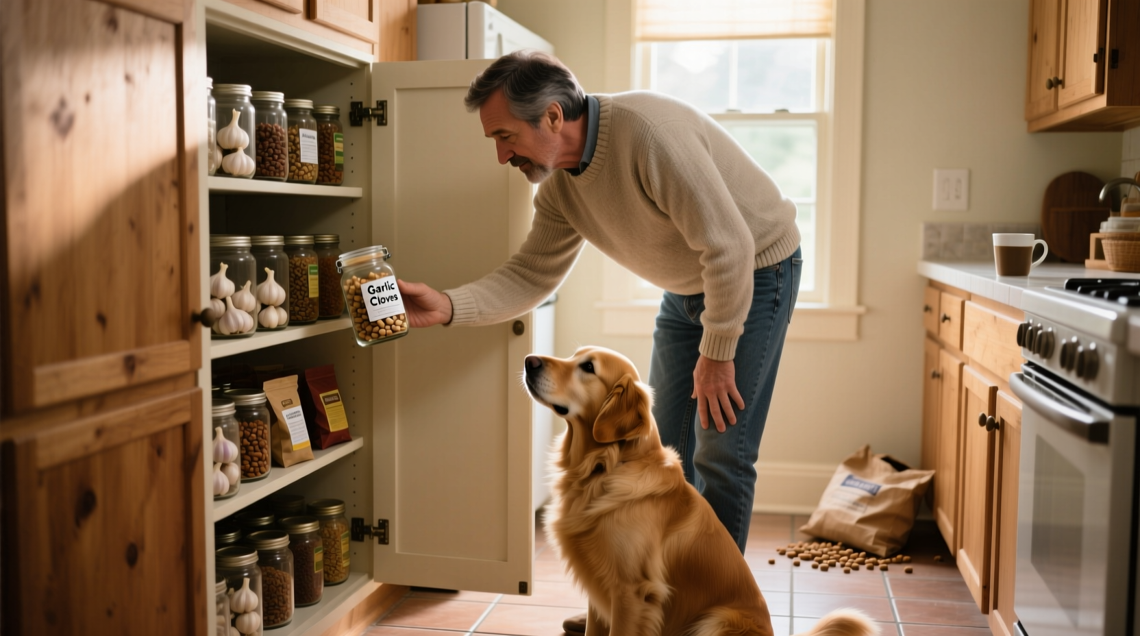 Dog owner checking garlic in kitchen pantry