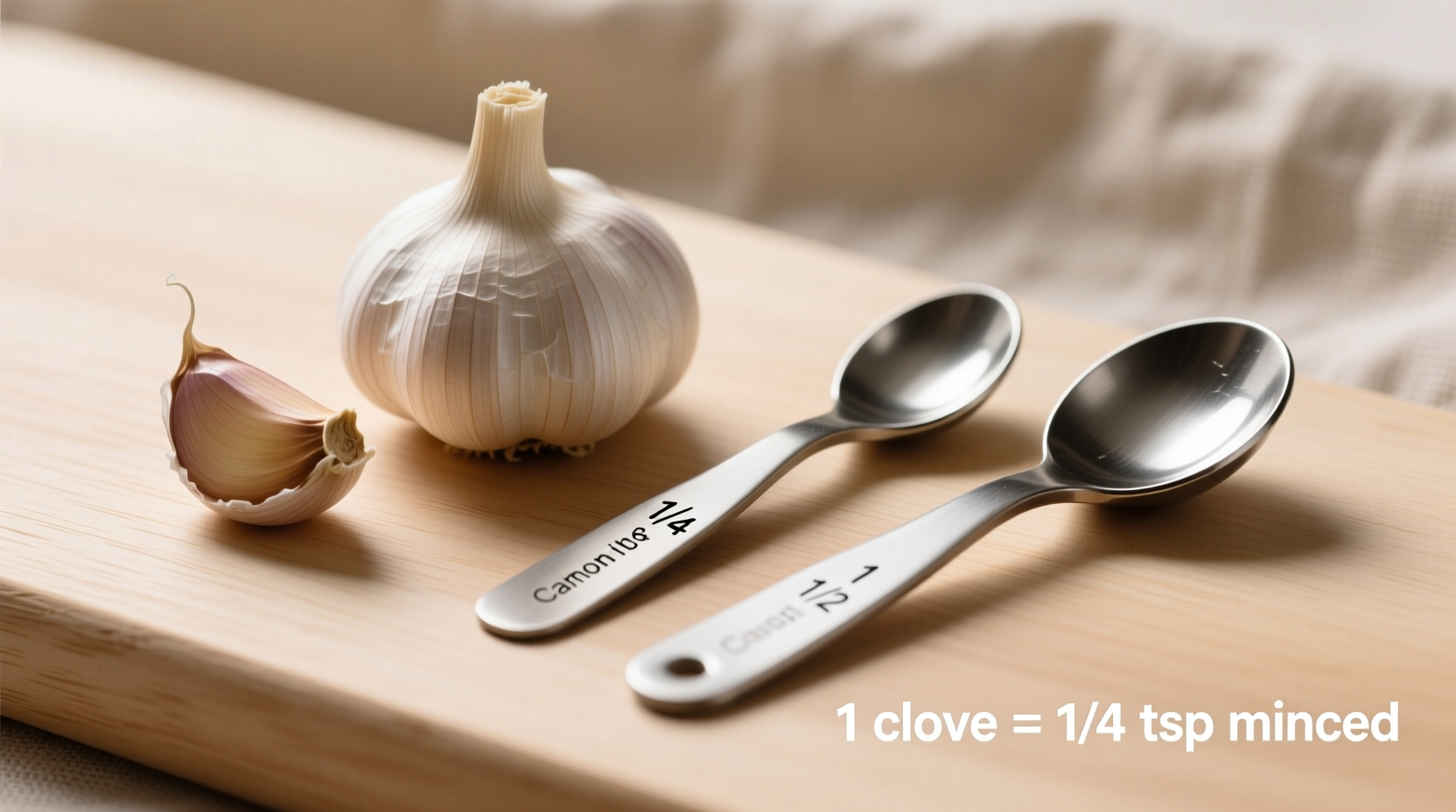 Garlic cloves next to measuring spoons showing conversion