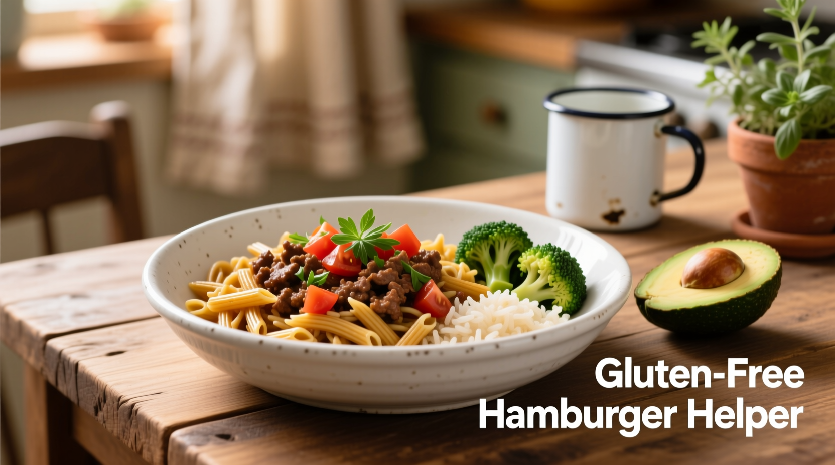 Gluten-free hamburger helper with rice pasta in white bowl