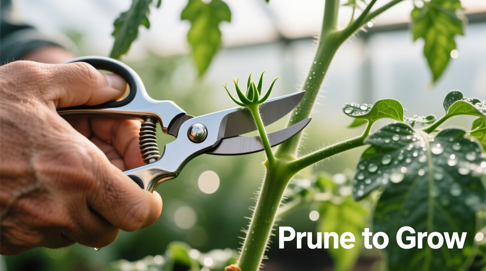 Close-up of hand pruning tomato suckers with clean shears