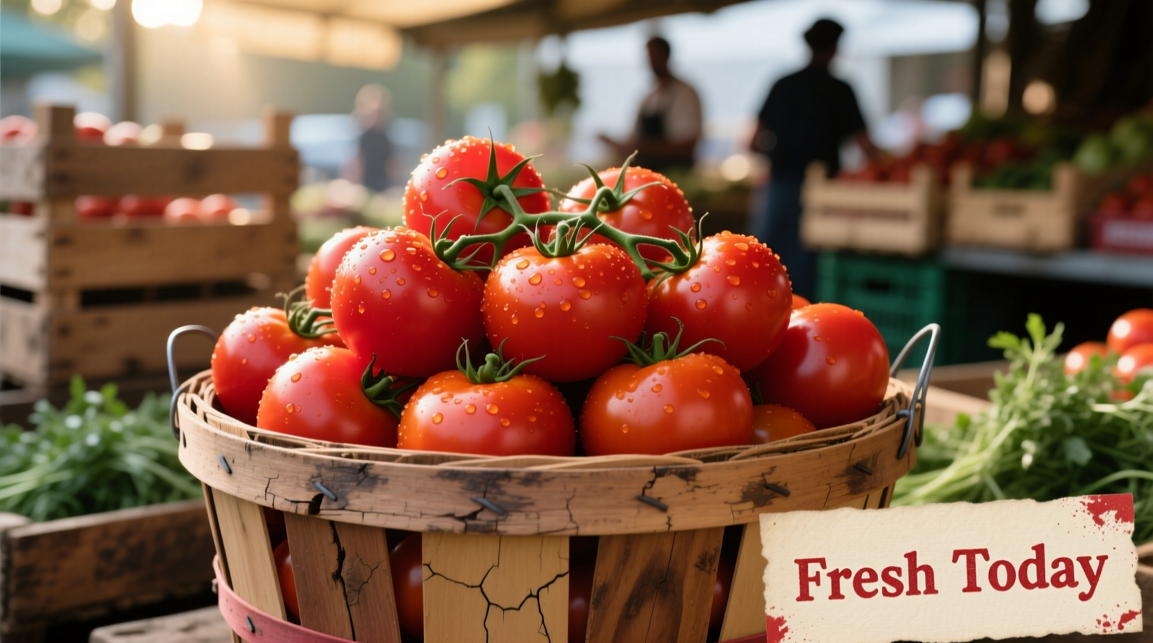 Fresh red tomatoes in a wooden market basket