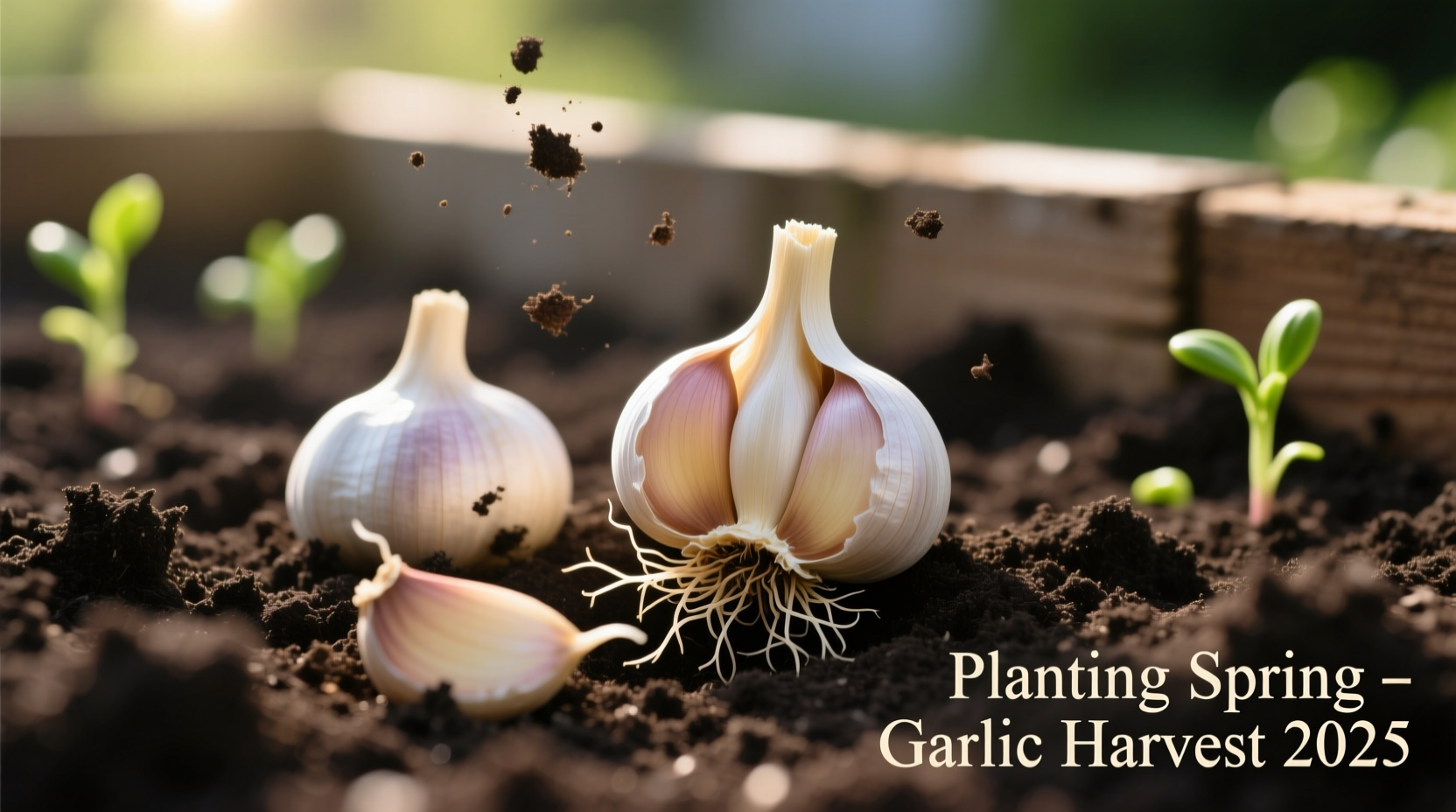 Fresh garlic cloves ready for planting in garden soil