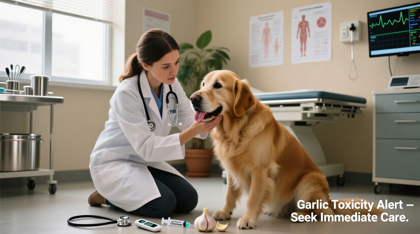 Veterinarian examining dog after garlic ingestion