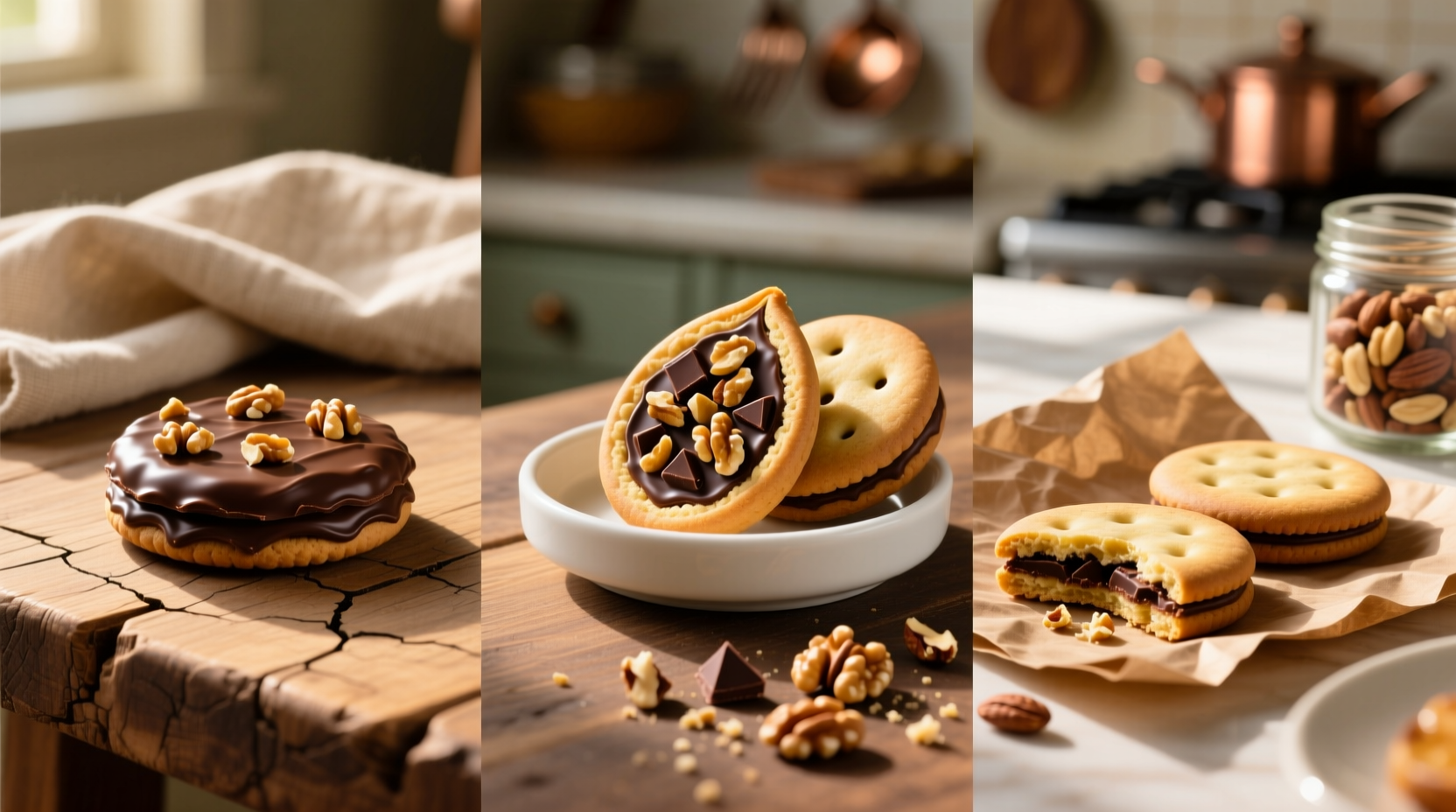 Three variations of fig newtons with nuts and chocolate