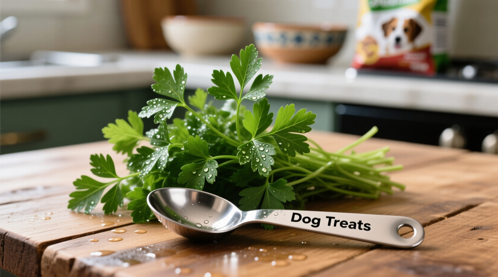 Fresh parsley sprigs next to measuring spoon for dogs