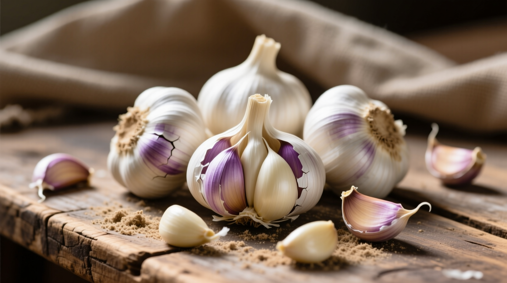 Fresh garlic bulbs with cloves scattered