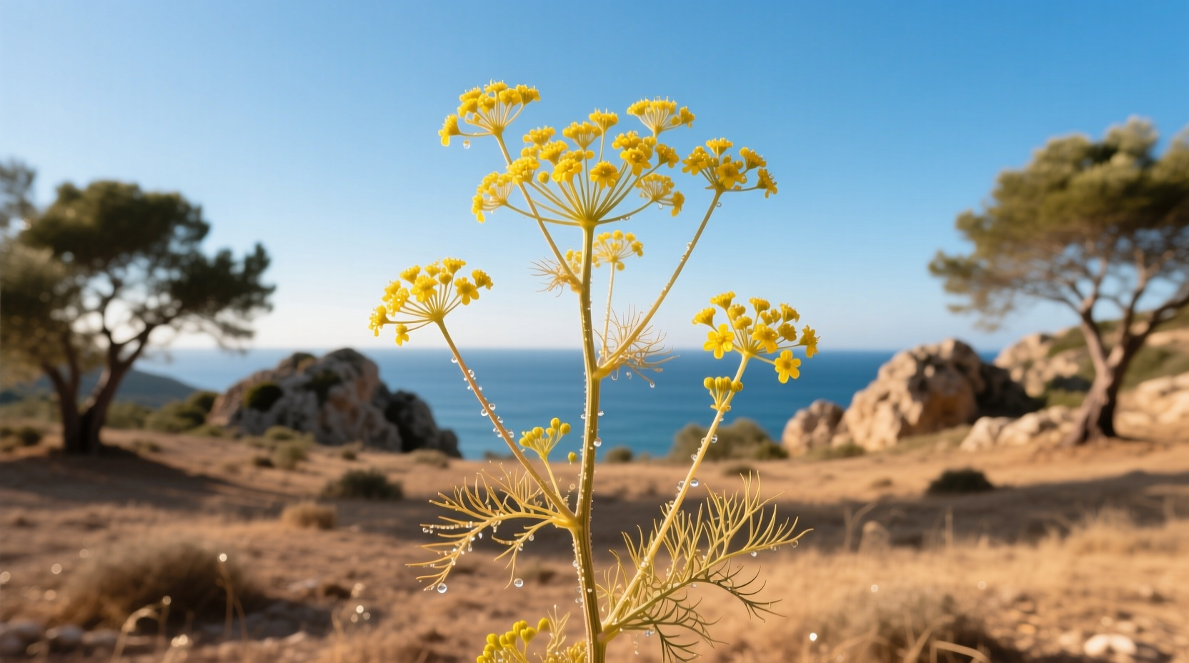 Wild fennel plant with yellow flowers growing in Mediterranean landscape