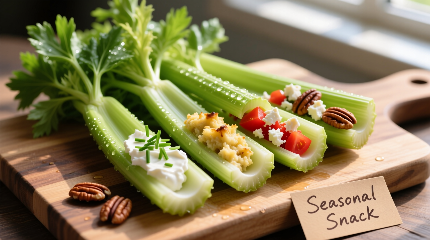 Fresh celery stalks with various stuffing options