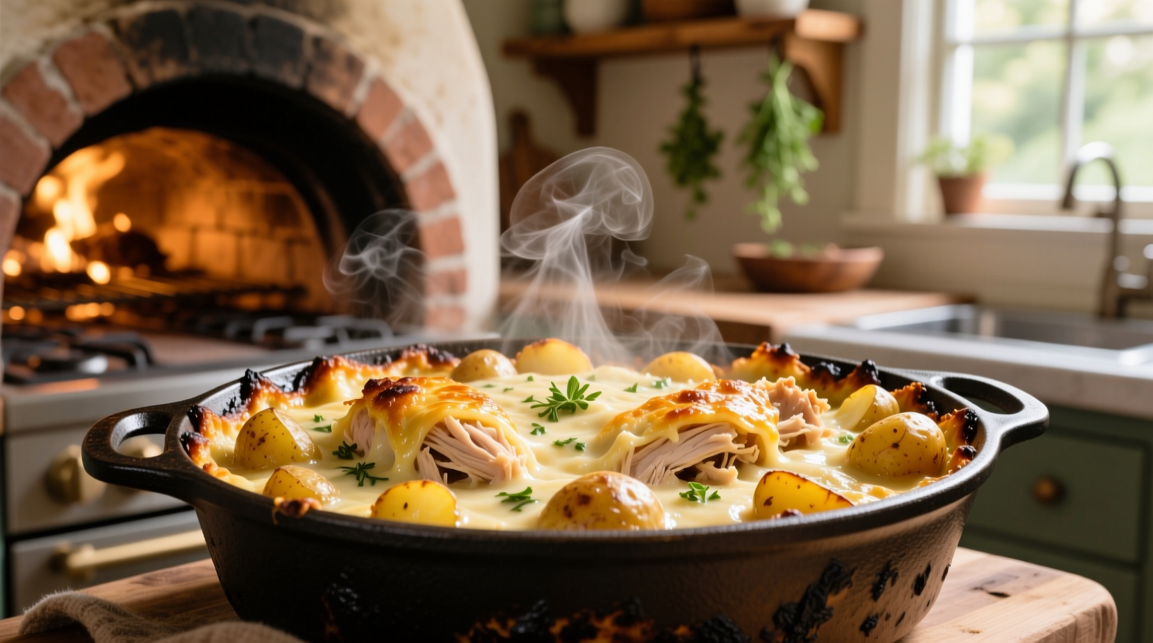 Golden chicken potato casserole fresh from oven