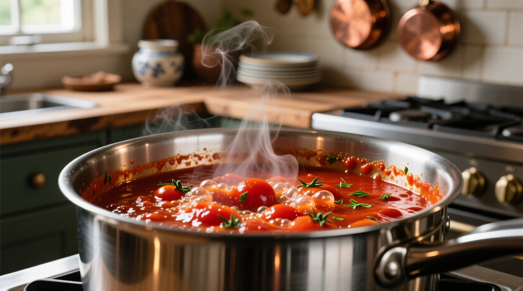 Tomato sauce bubbling in stainless steel pot