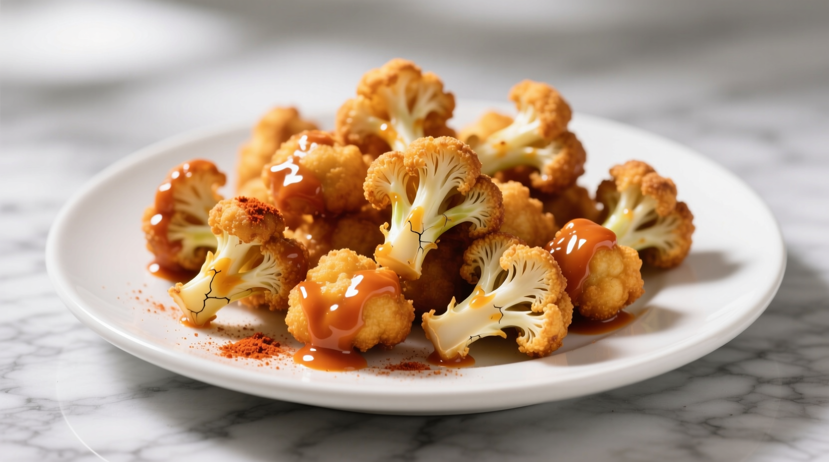 Crispy golden buffalo cauliflower bites on white plate