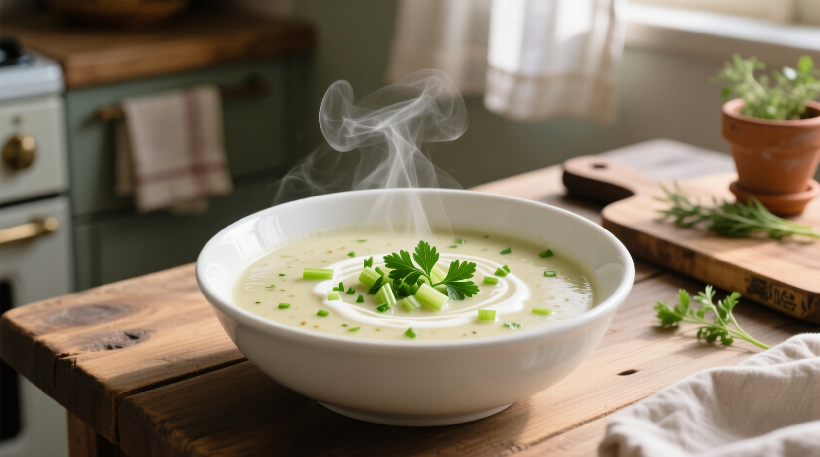Creamy homemade celery soup in white bowl with fresh parsley