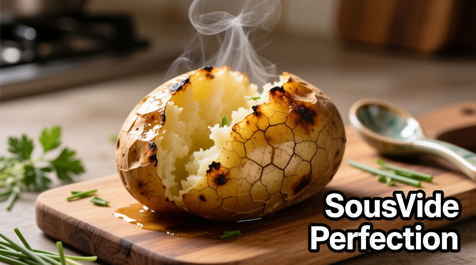 Perfectly cooked sous vide baked potato with crispy skin