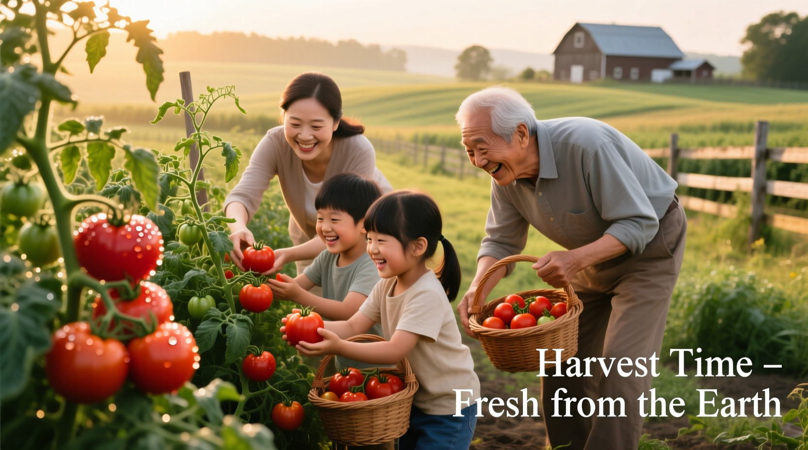 Family picking ripe tomatoes at a local farm