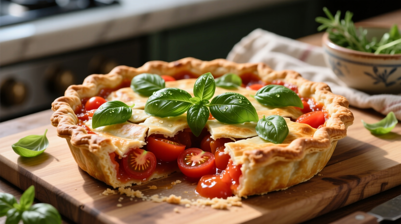 Fresh tomato pie with basil garnish