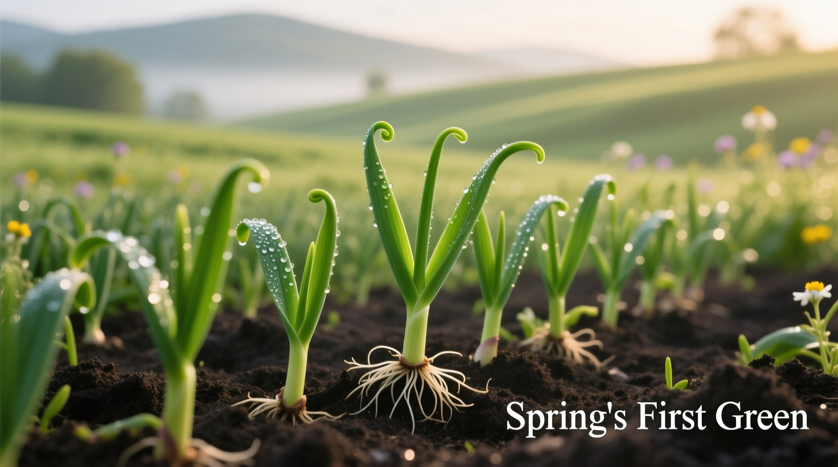 Garlic plants showing healthy green shoots emerging in spring
