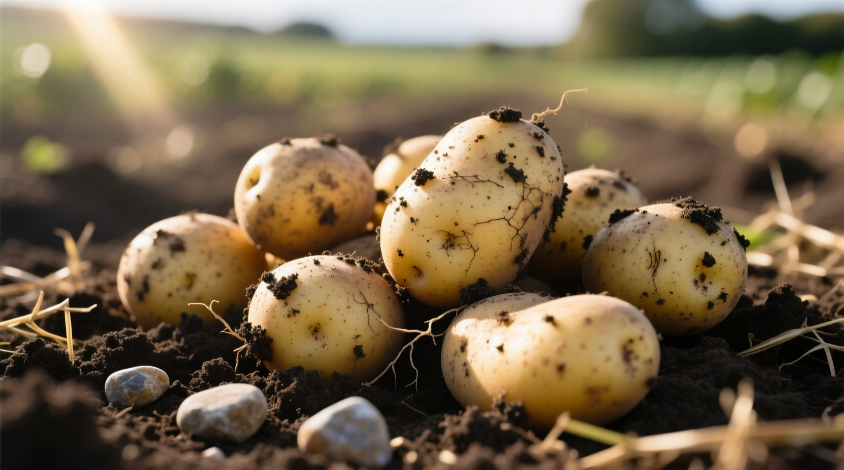 Freshly harvested Guernsey potatoes with soil