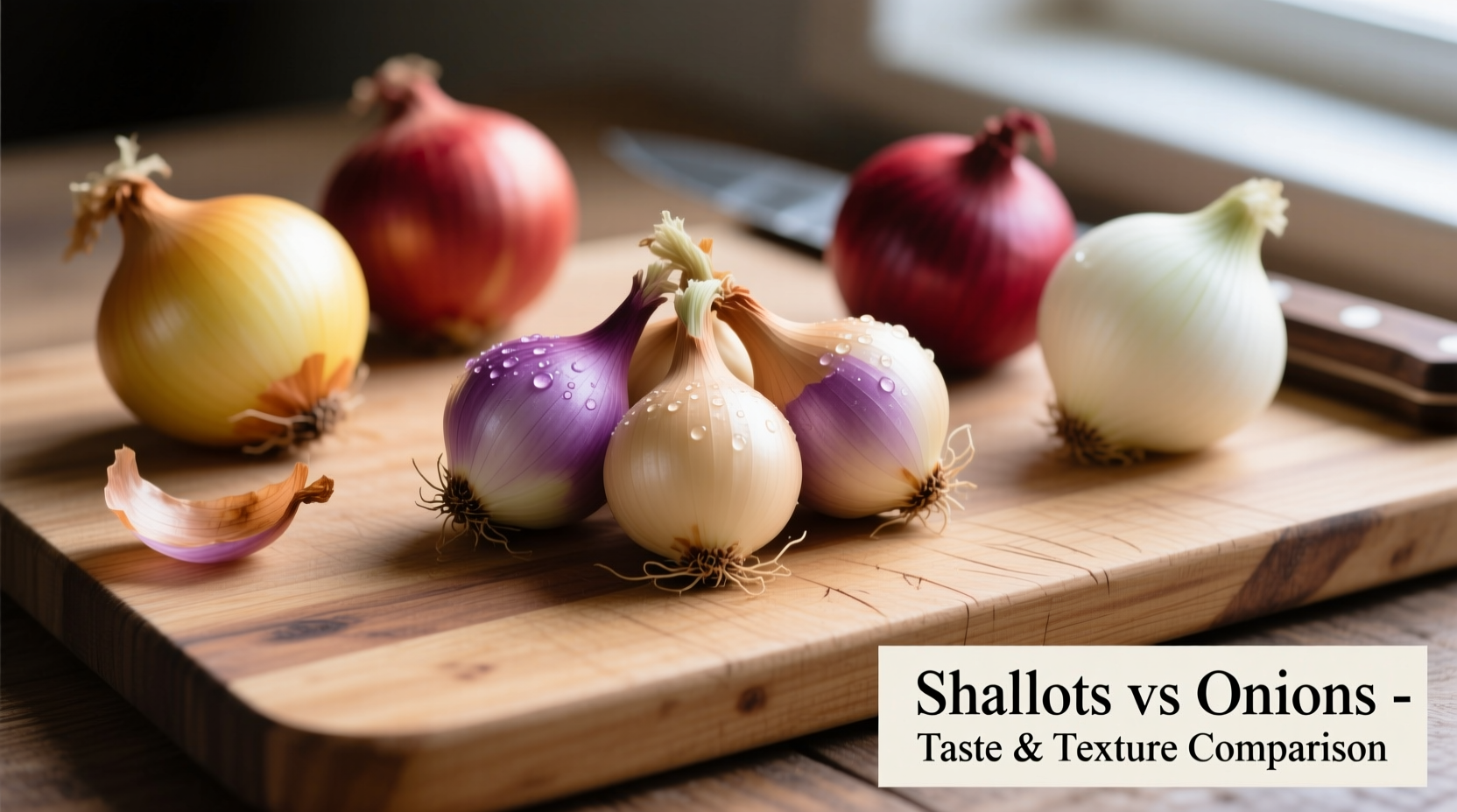 Shallots and onions comparison on wooden cutting board