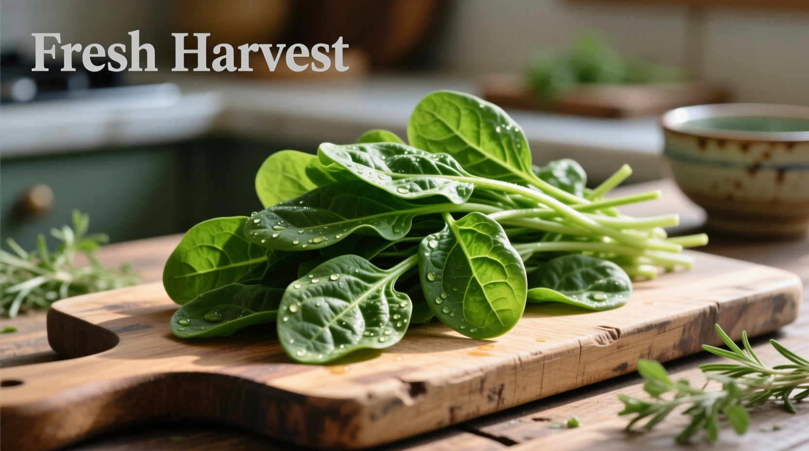 Fresh mustard spinach leaves arranged on wooden cutting board