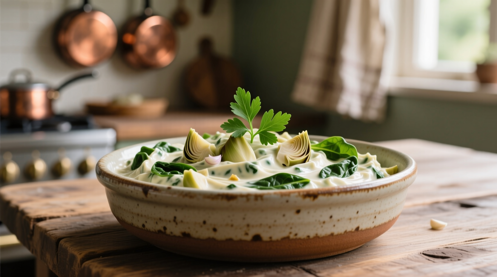 Creamy artichoke spinach dip in serving bowl