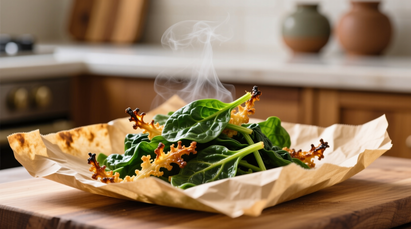 Crispy baked spinach on parchment paper