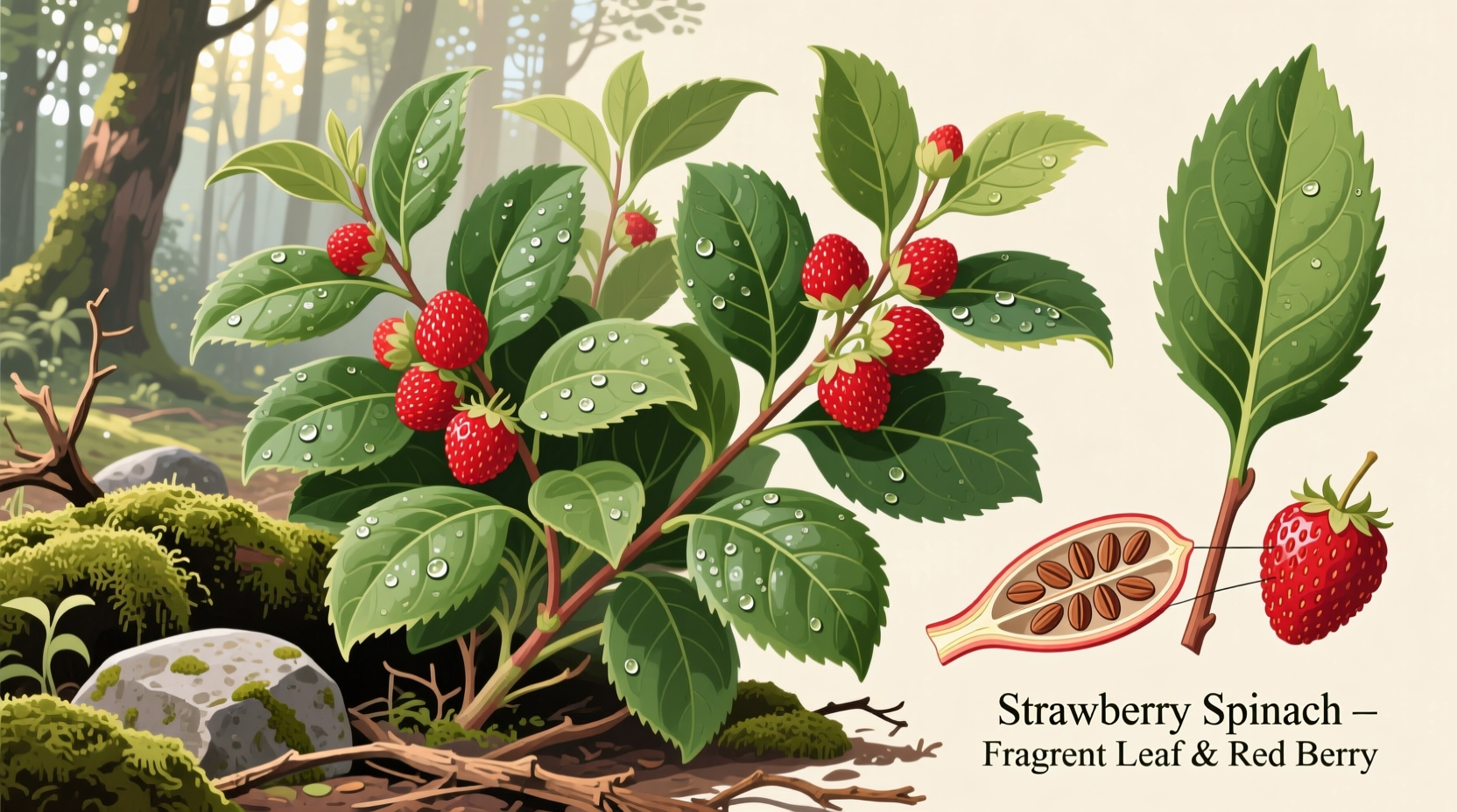 Strawberry spinach plant with red fruits and green leaves