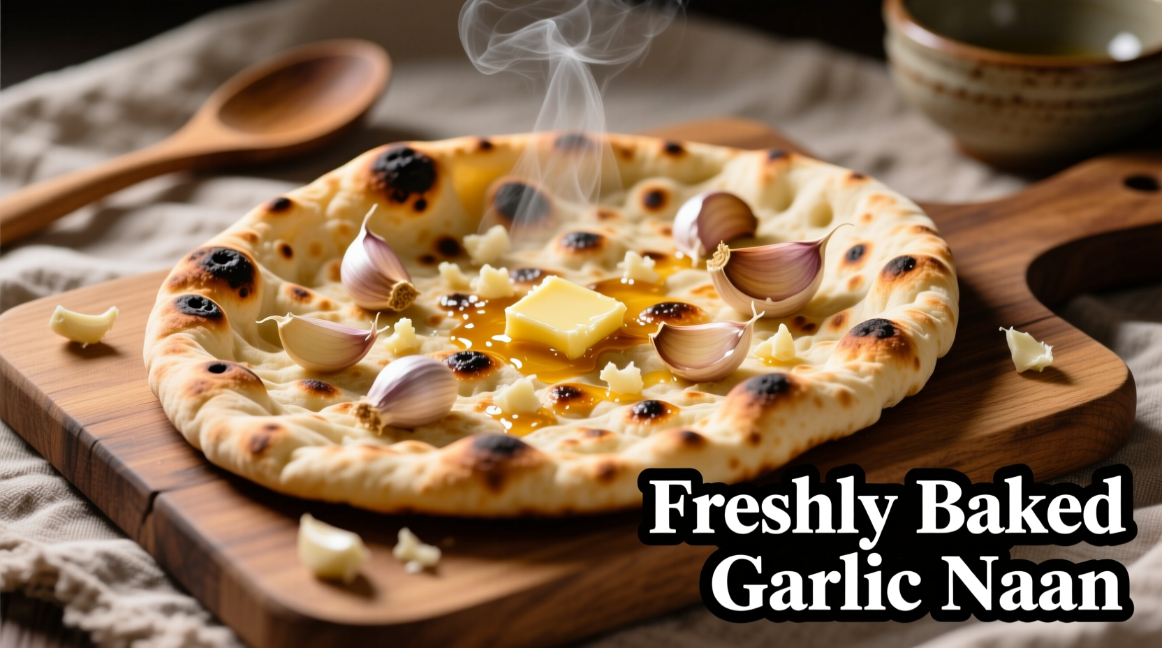 Freshly baked garlic naan on wooden board with garlic cloves