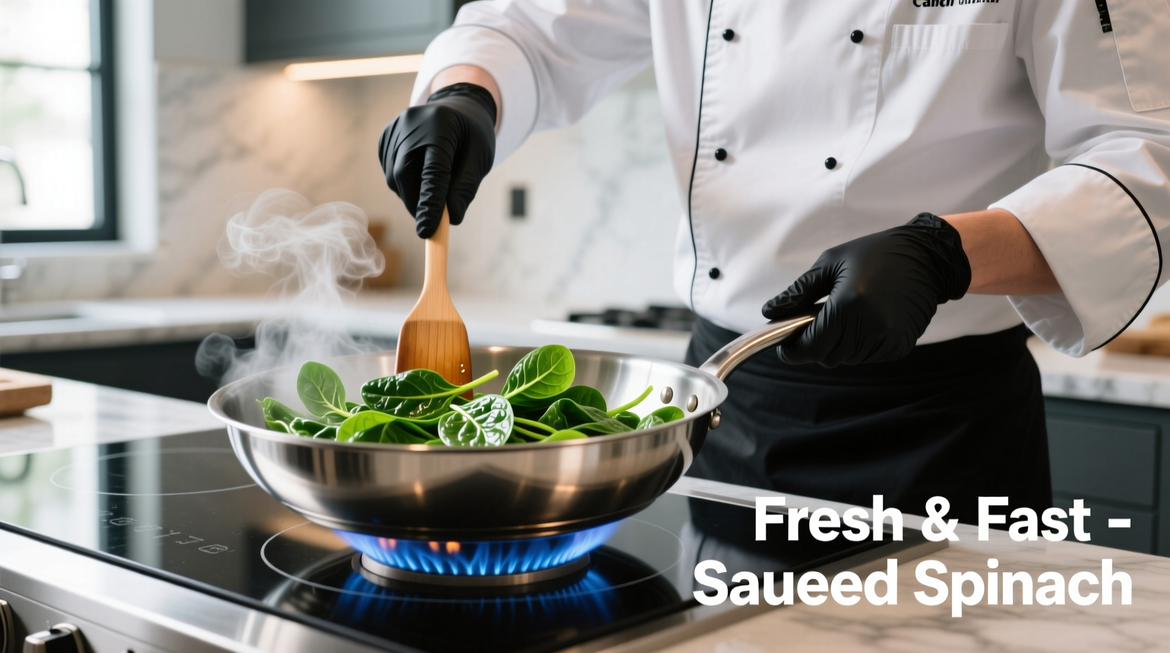 Chef sautéing fresh spinach in stainless steel pan