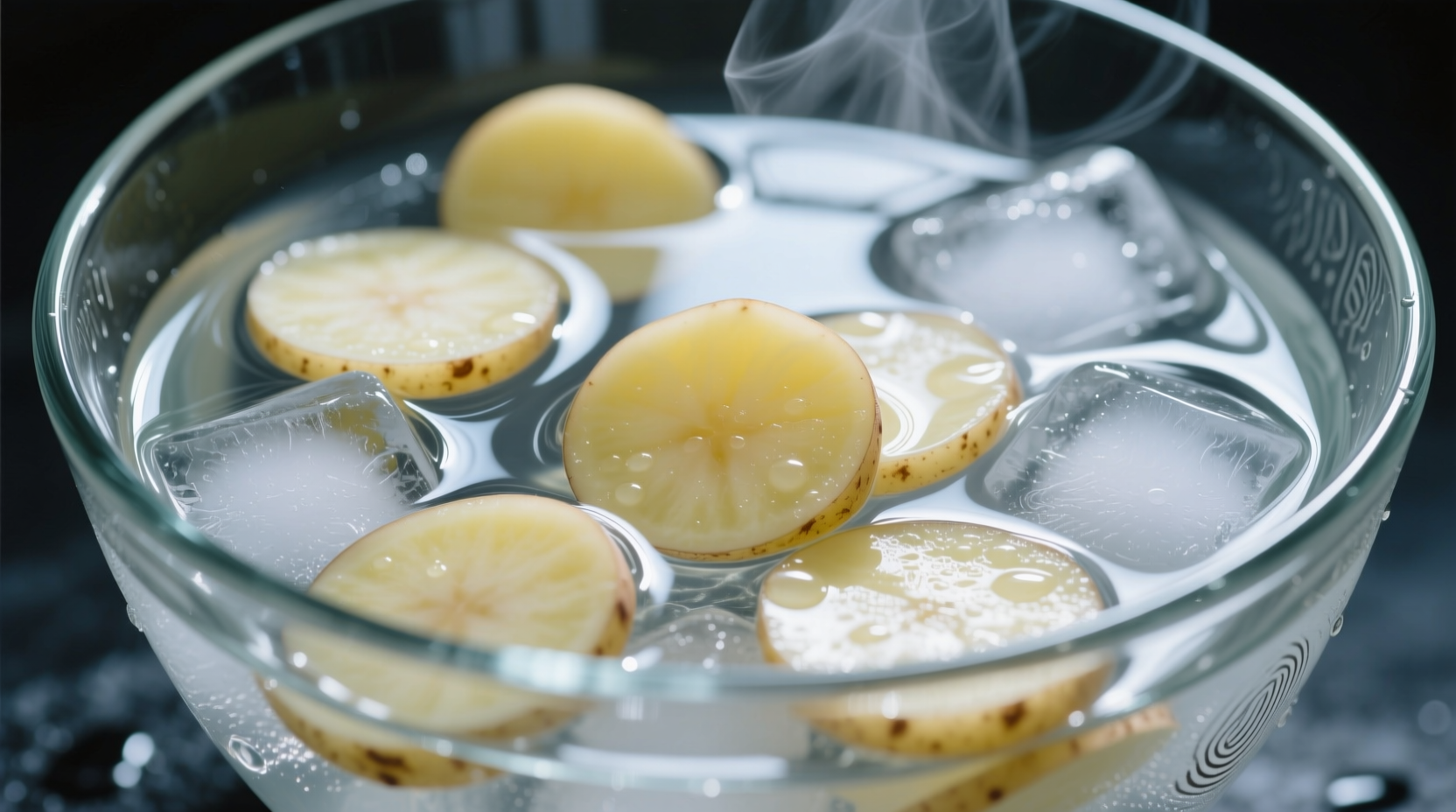 Potato slices soaking in ice water