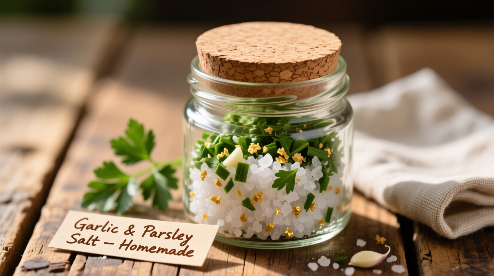 Homemade garlic salt with parsley in glass jar